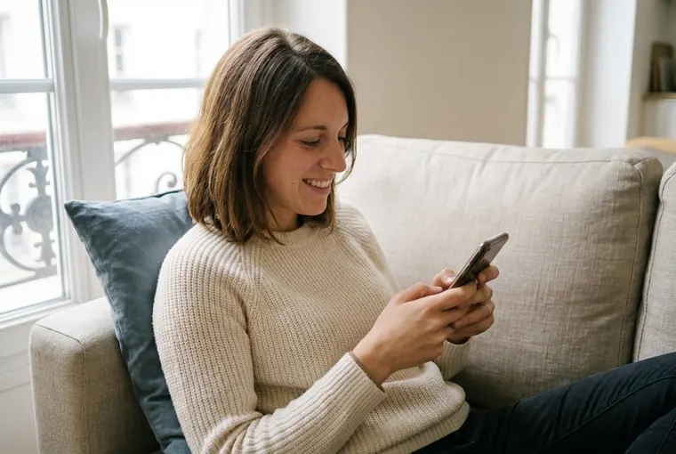 Une femme souriante écrit sur son téléphone, assise dans son canapé