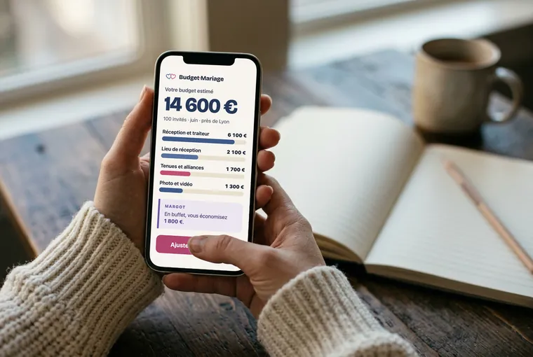 Deux mains tiennent un téléphone qui affiche une estimation de budget de mariage, poste par poste
