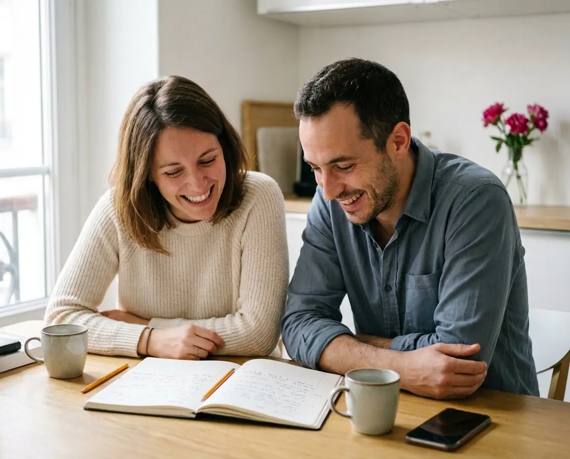 Un couple souriant prépare son mariage à table, un carnet ouvert et un téléphone devant eux
