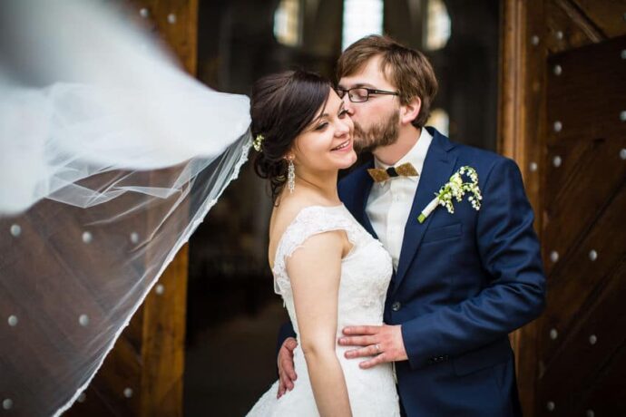 portrait of a young wedding couple on their wedding day