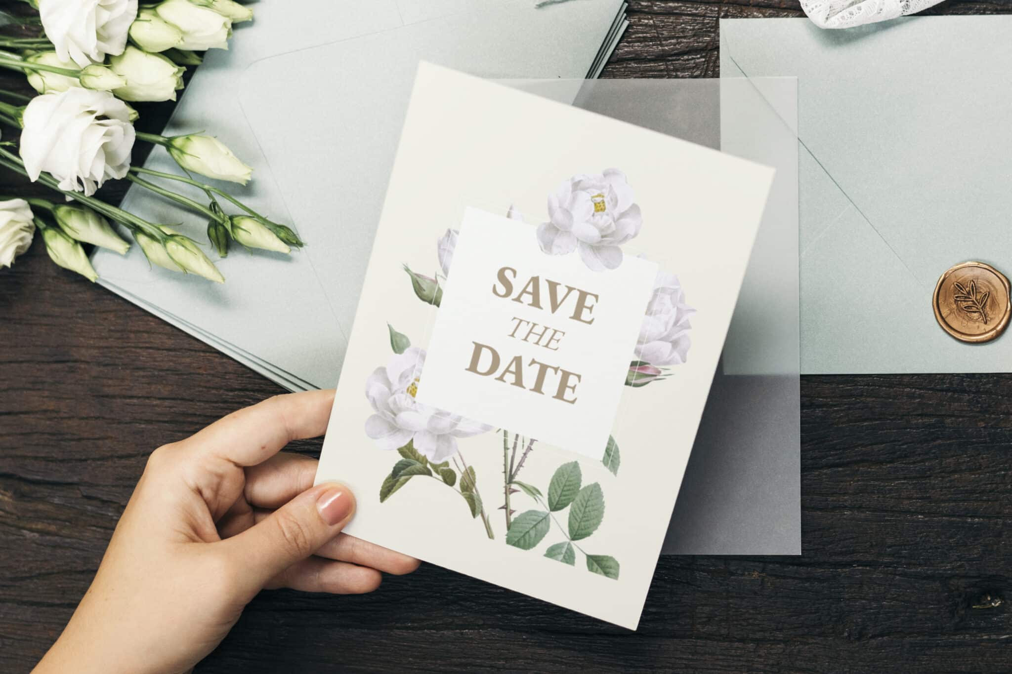 woman with a wedding invitation card mockup