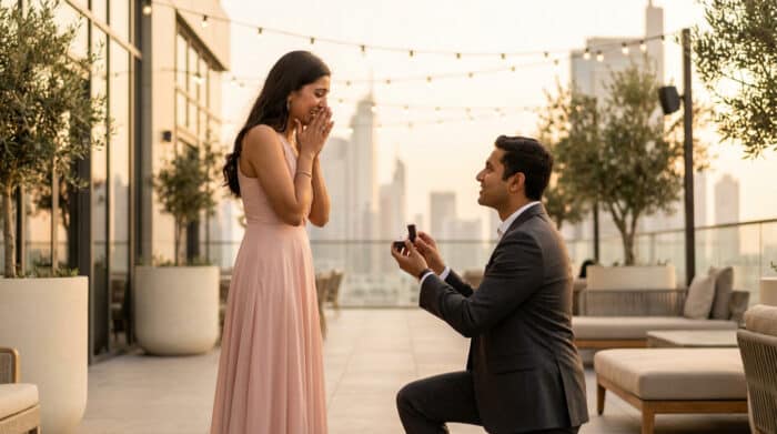 A man proposes to a woman on a modern rooftop terrace at golden hour. She reacts with joyful surprise, city skyline behind them.