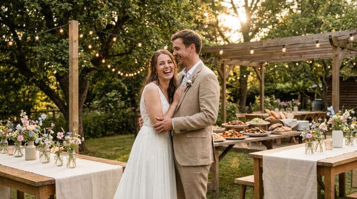 Couple de mariés riant et s'enlaçant lors d'un mariage champêtre en extérieur avec guirlandes lumineuses et buffet.