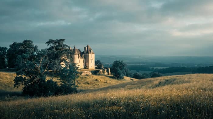 Château médiéval sur une colline herbeuse, entouré d'arbres et de champs dorés, sous un ciel nuageux. Ambiance bucolique et romantique.