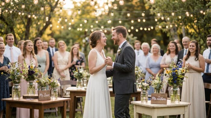 Mariés riant et se tenant la main à leur mariage champêtre sous des guirlandes lumineuses, avec invités souriants.