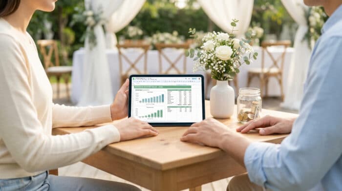 Un couple consulte un budget de mariage 2026 sur tablette. Pot d'économies et décorations florales de mariage en arrière-plan.