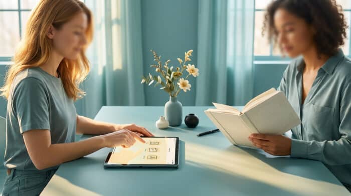 Deux femmes organisent un mariage sur une table teal. L'une utilise une tablette avec appli de planification, l'autre un carnet.