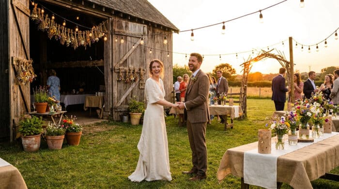 Couple de mariés heureux devant une grange en bois lors d'une réception champêtre éclairée par des guirlandes lumineuses.