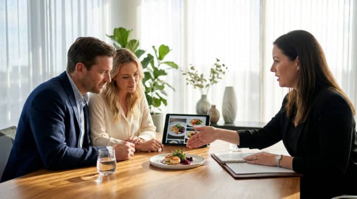 Un couple en réunion avec une organisatrice de mariage discutant des options de menu sur une tablette et une assiette.