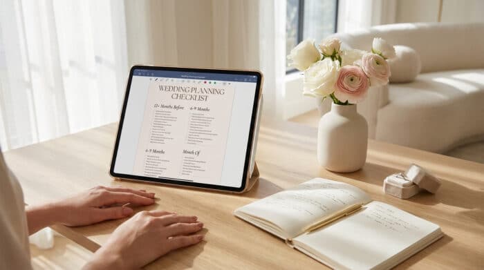 Tablette affichant une liste de tâches de mariage sur un bureau avec un bouquet de fleurs et un carnet.