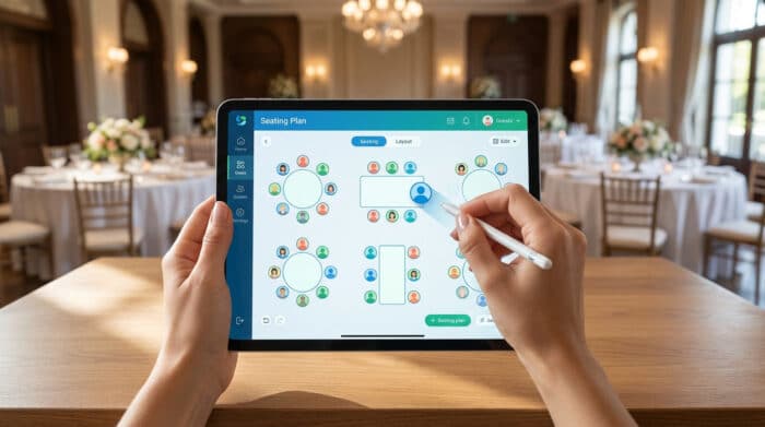 Mains utilisant un stylet sur une tablette pour organiser un plan de table de mariage numérique.