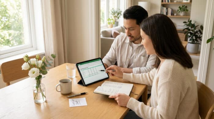 Un couple assis à une table en bois utilisant une tablette pour planifier les finances de leur futur mariage.