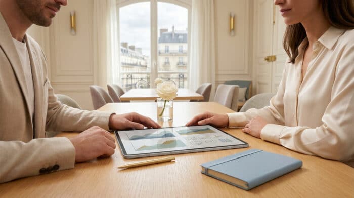 Un couple discutant autour d'une tablette affichant des graphiques financiers dans un intérieur élégant.